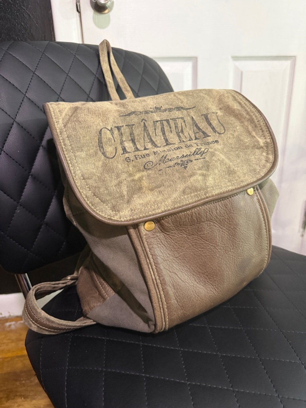 Myra Bag Brown Canvas & Leather CHÂTEAU Flap Backpack